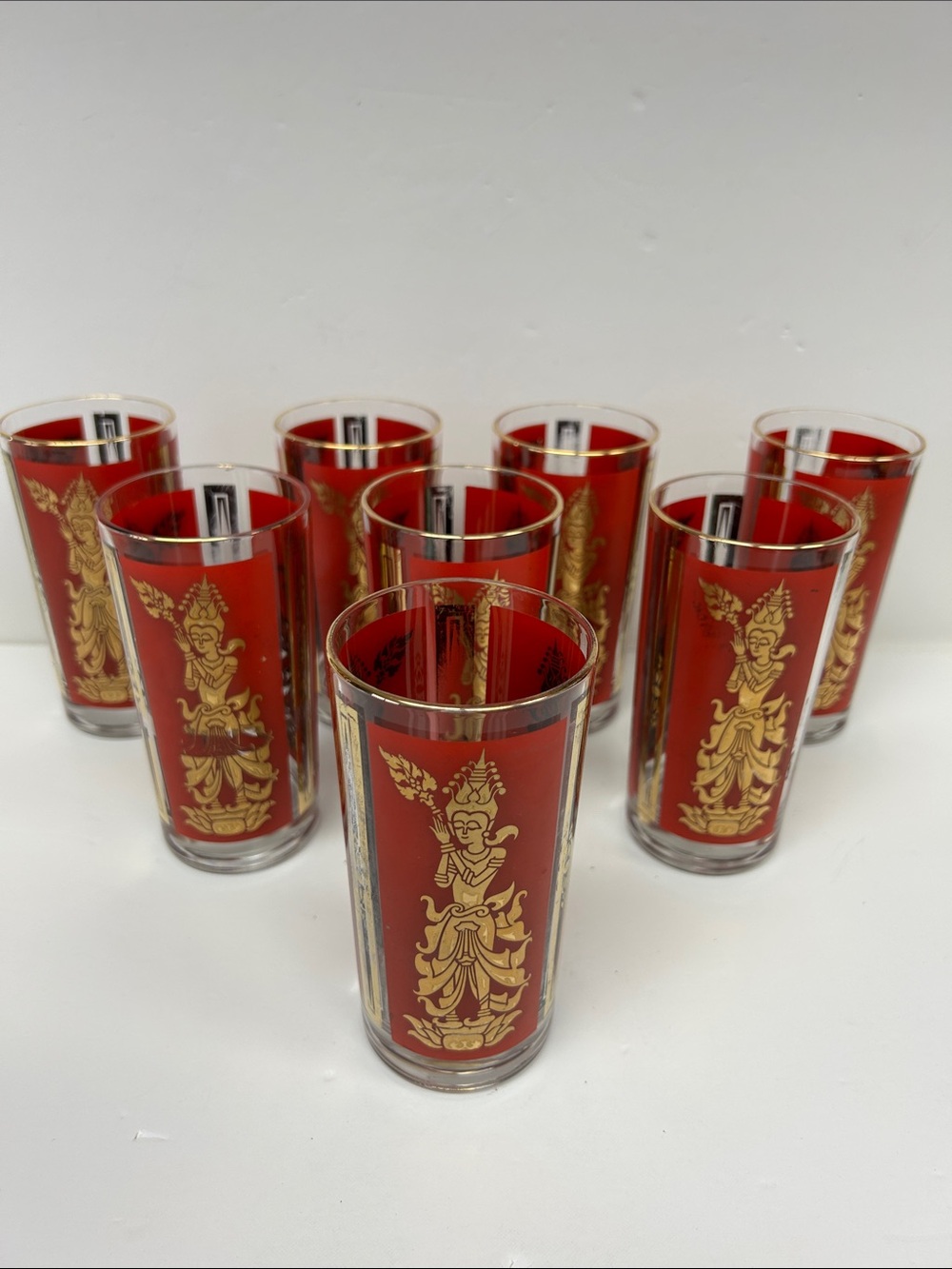 Vintage 1960s set of 8 CULVER “Hindu Goddess ”  300 ml 5.5” tumblers Made in USA